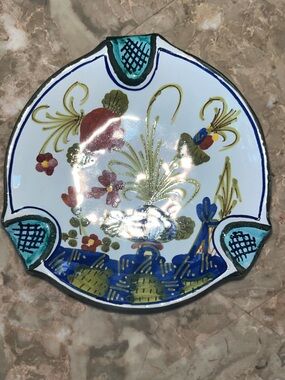 Hand-Painted Floral Ceramic Plate in White and Blue